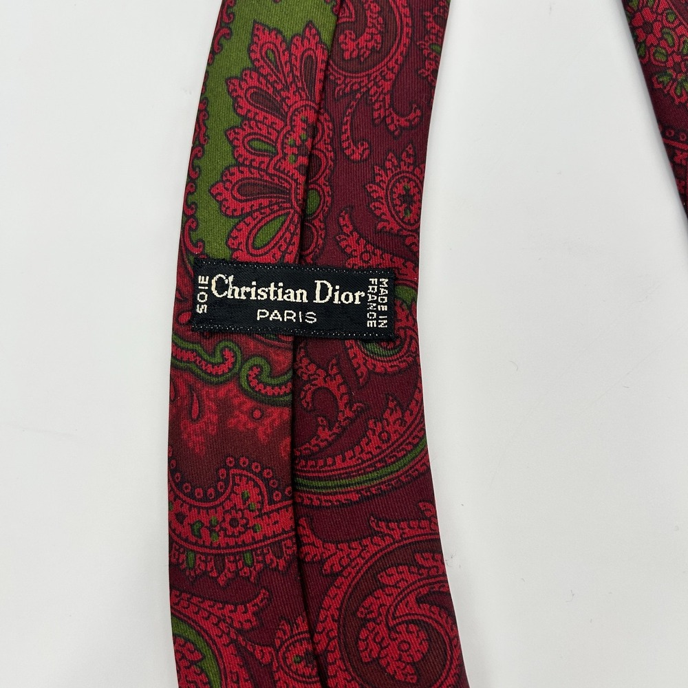 Vintage Christian Dior Paris Silk Paisley Necktie Burgundy Green Made in France - Picture 4 of 10
